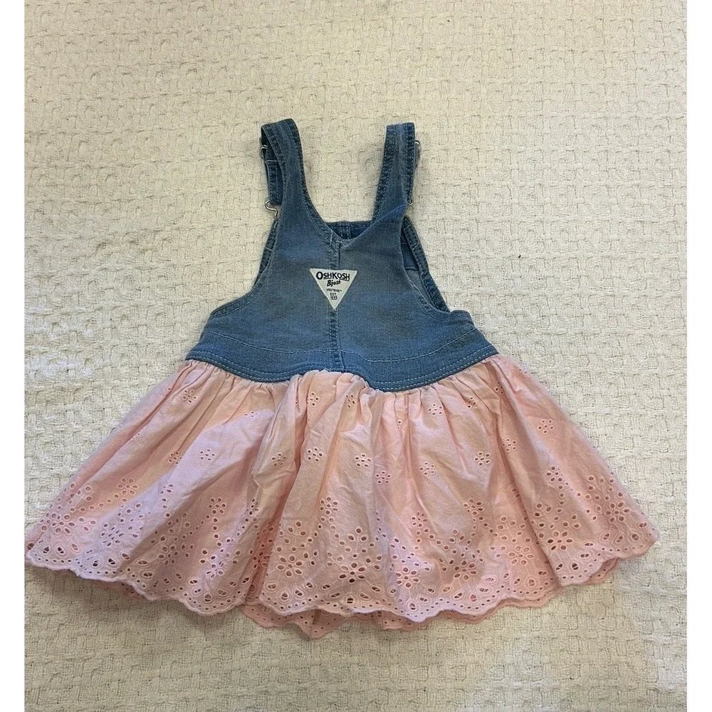 OshKosh B'gosh Toddler Girls Denim Eyelet‎ Skirtall Dress Size 2T Blue Pink